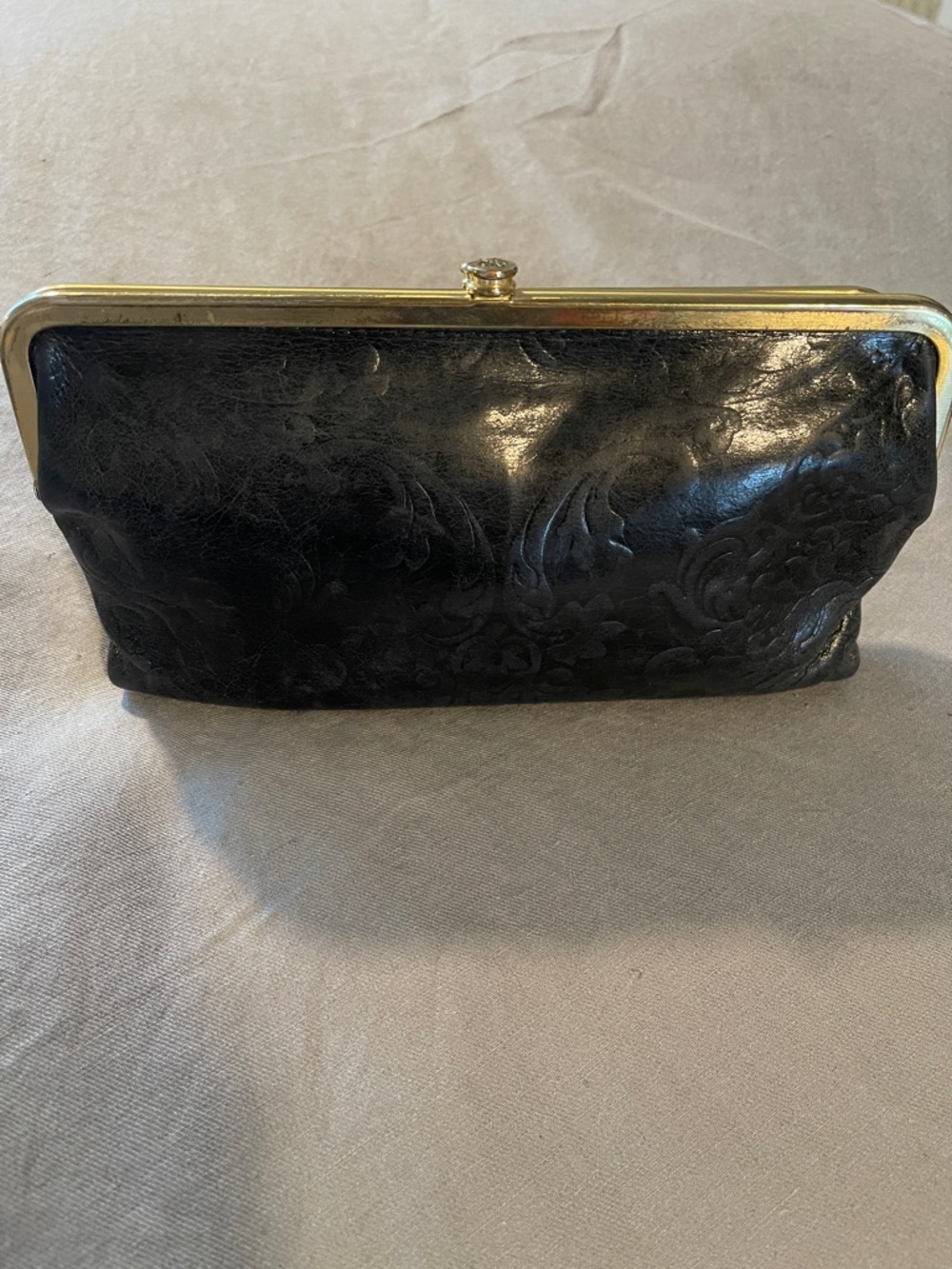 HOBO Black Embossed Leather Frame Clutch with Gold-Tone Trim